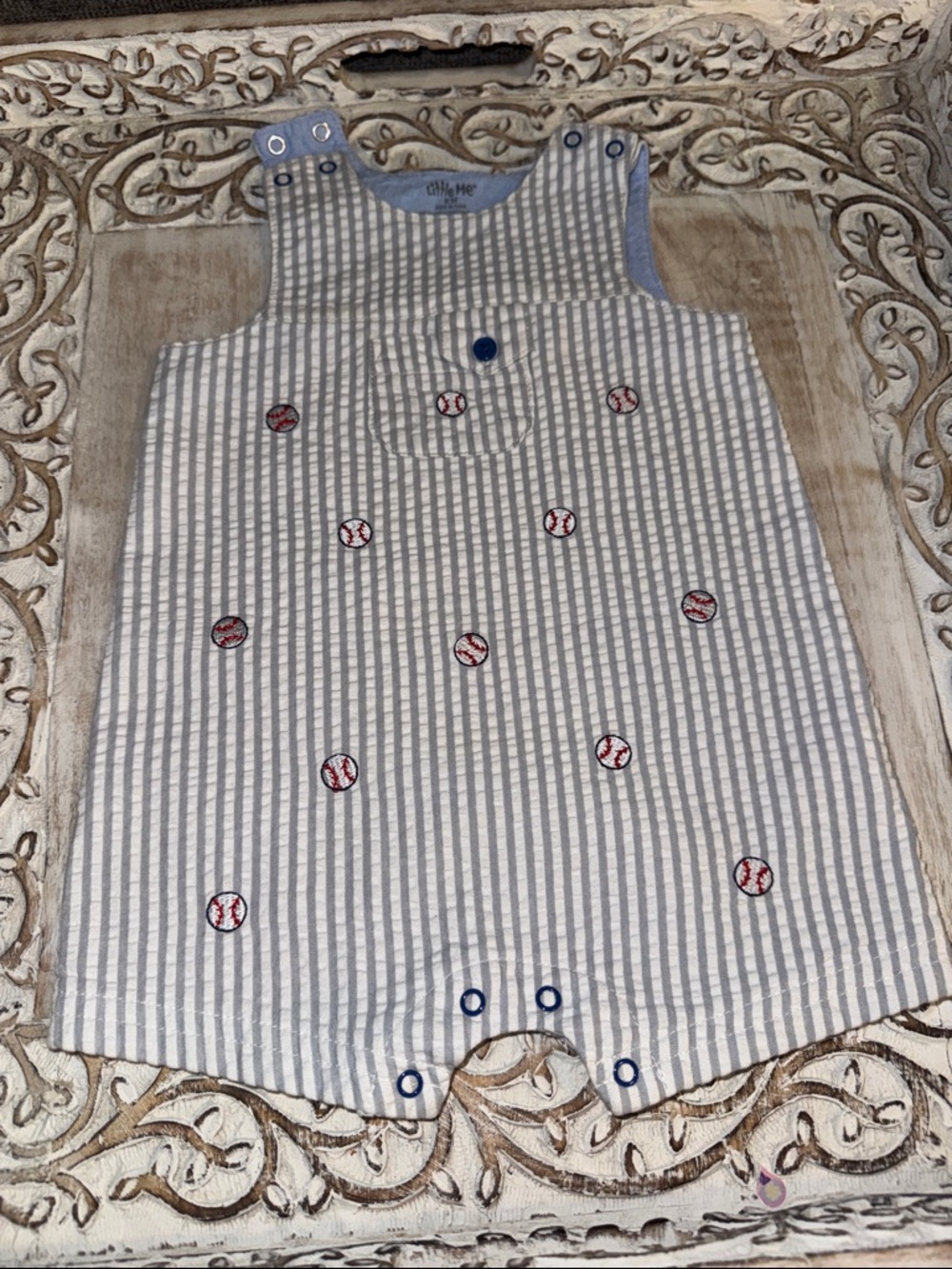 Little Me Light Blue Baby Romper - Striped Detail